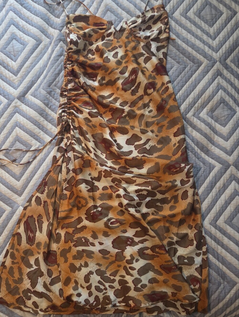 Miss Lola Leopard Satin Slip Dress in Brown & Cream